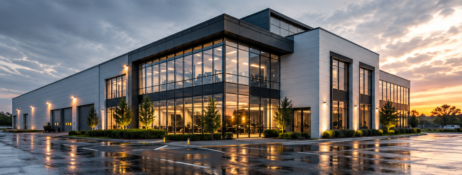 Modern commercial building at dusk